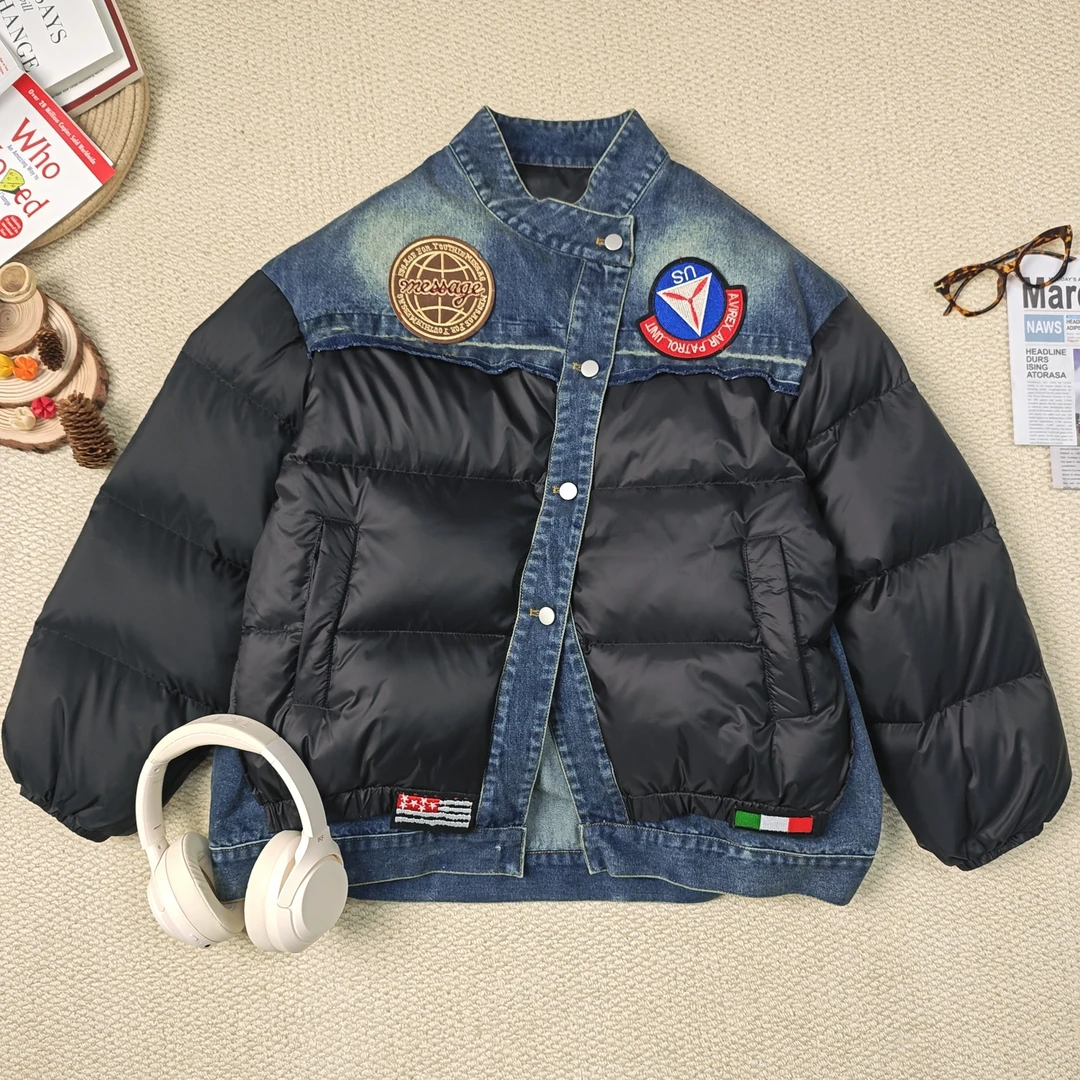 2024年秋季新款时尚百搭纯色拼牛仔长袖厚外套7740