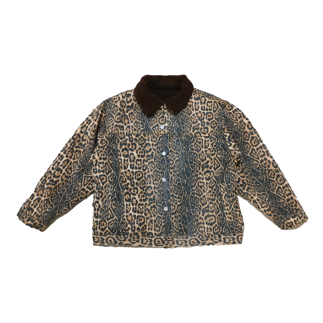 2024年秋季新款时尚百搭豹纹加绒加厚长袖厚外套6876