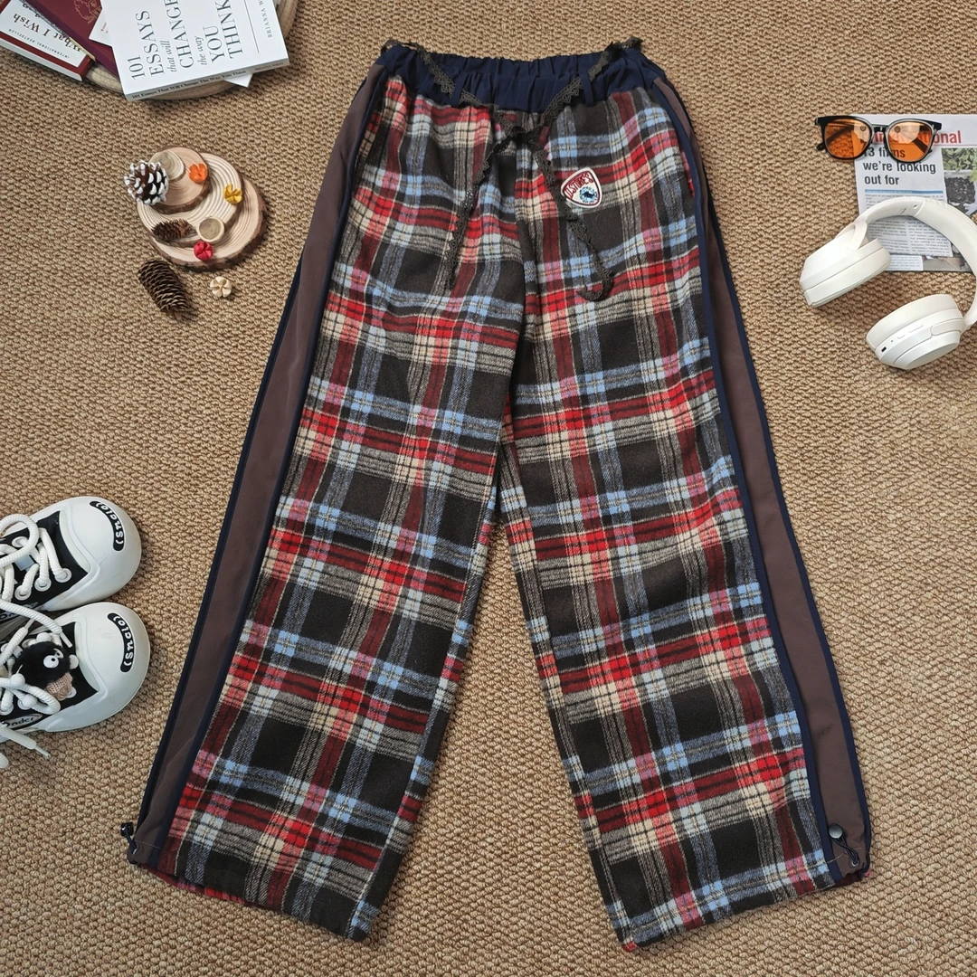 2024秋冬季新款抽绳格子裤拼色加绒加厚休闲裤7136