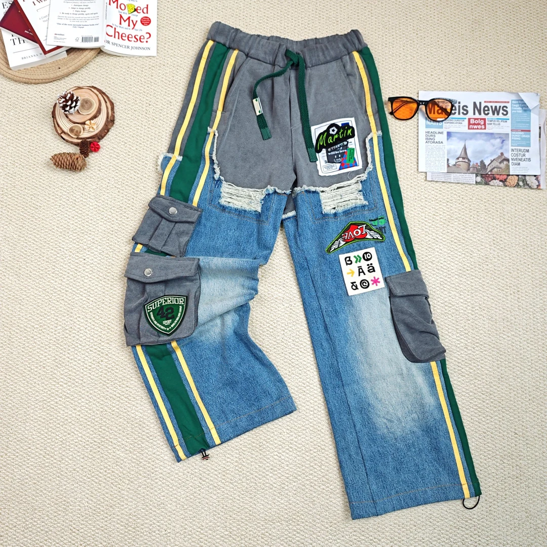 【伊人风尚服饰推荐】2024秋季新款做旧拼色阔腿裤牛仔裤7939