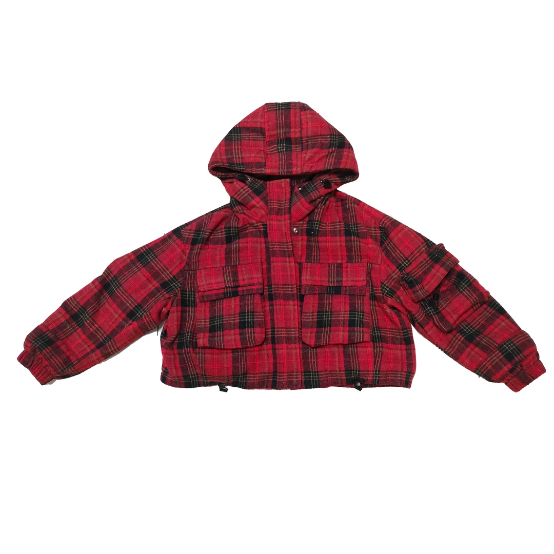 2024年秋季新款时尚百搭格子连帽长袖厚外套6704