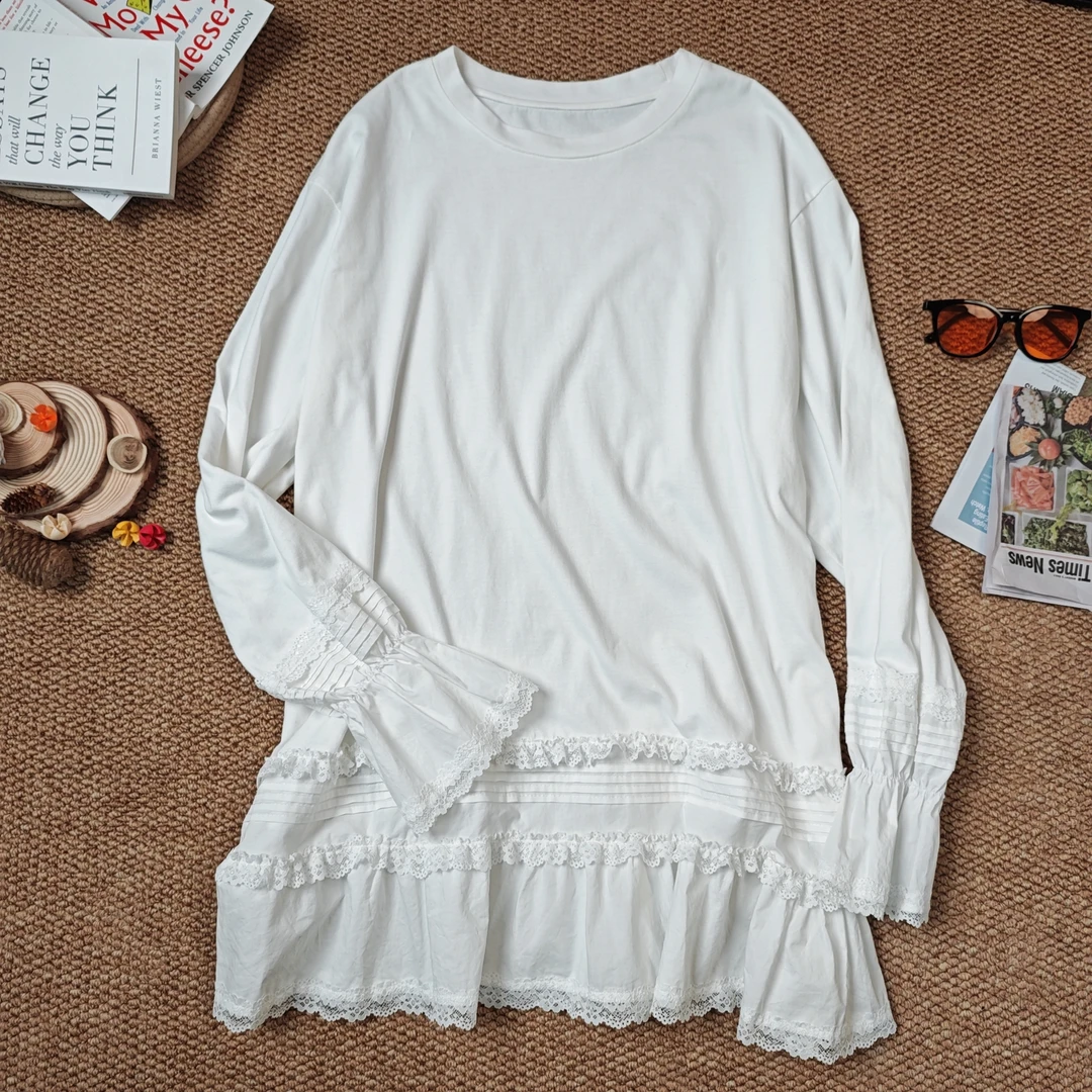 2024秋季新款休闲时尚百搭纯色拼蕾丝打底长袖T恤7183