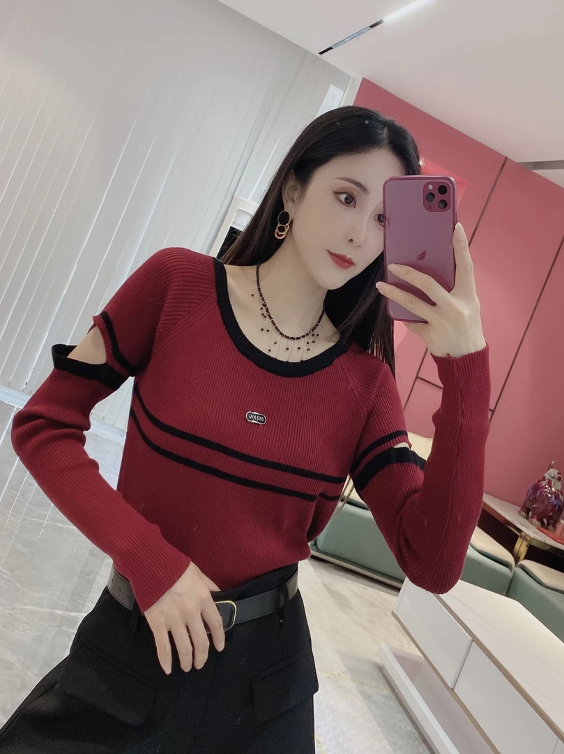 Y【橦颜推荐】拼条露肩百搭针织针织衫079