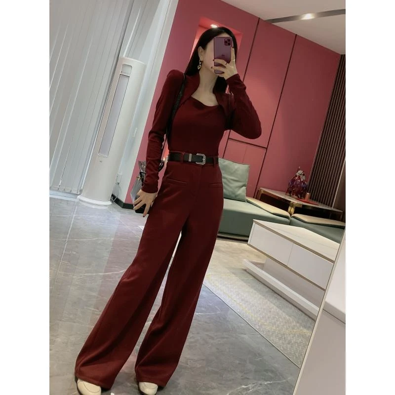 Q【加绒甩裤】腰带加厚绒毛呢直筒阔腿裤（YD116）26656