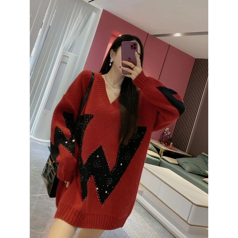 Y【大W毛衣】大W字母烫钻V领宽松韩版毛衣3869