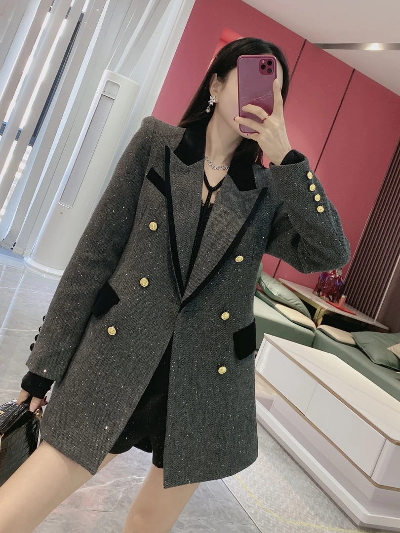W【闪闪中长西装】中长夹M闪闪拼边西装外套8389