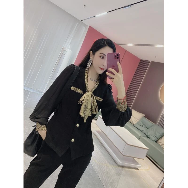 【橦颜推荐】拼色领结V领上衣+微喇裤两件套3578（1.4）