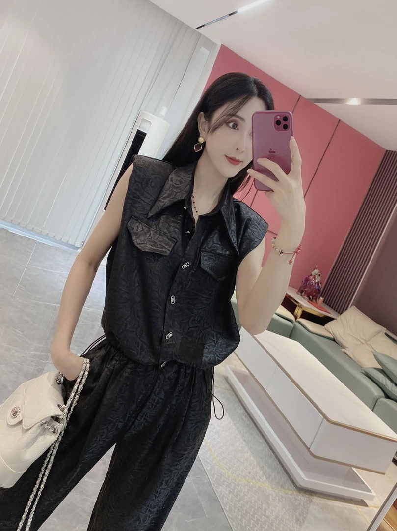 Q【暗香疏影】提花抽绳坎肩袖上衣+阔腿裤两件套24098