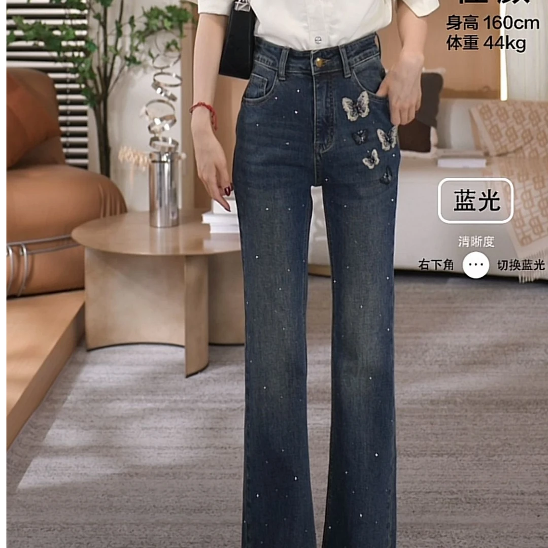 Q【橦颜推荐】重工蝴蝶烫钻微喇牛仔裤8031-3