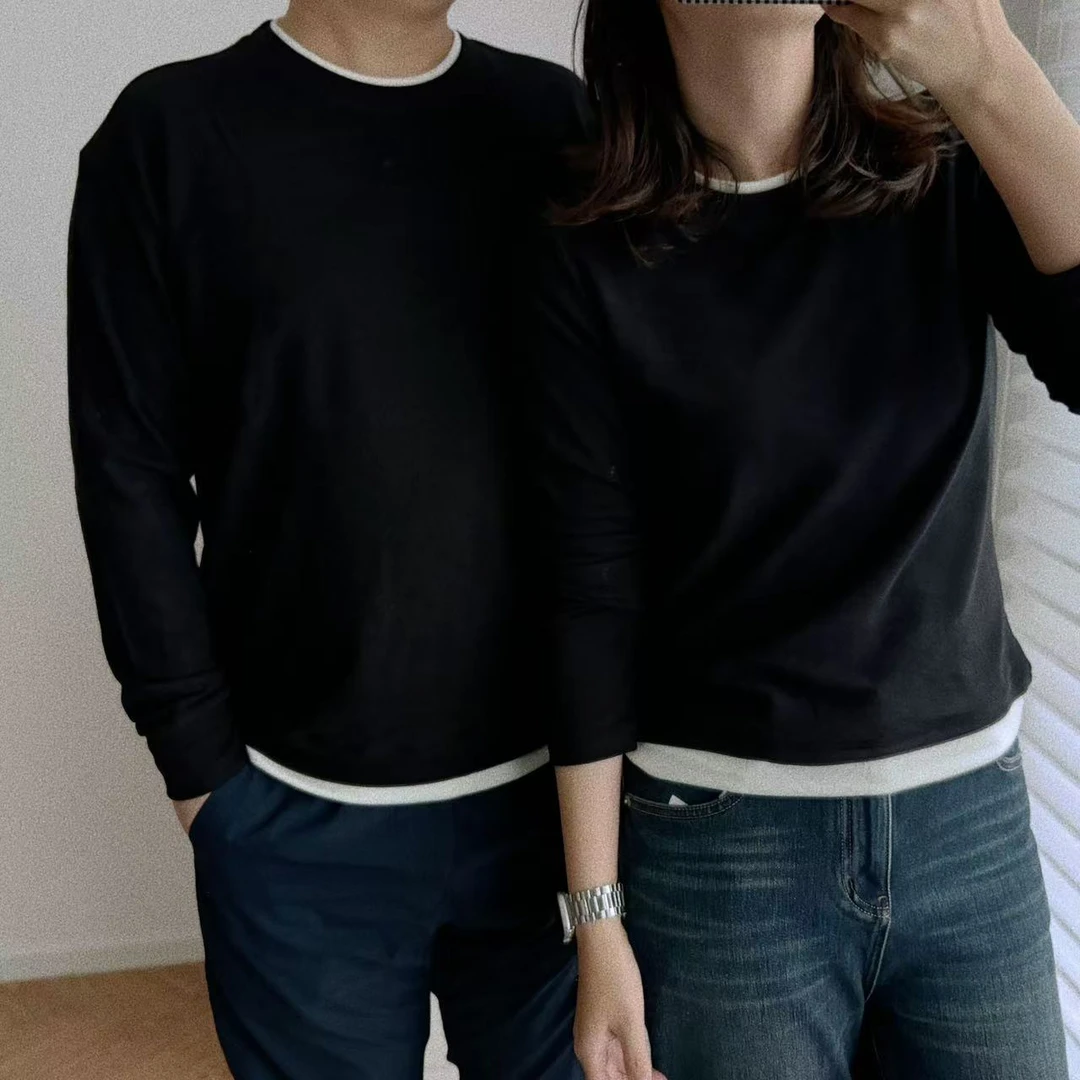 【绒朵恋人】男女情侣款 双面德绒撞色圆领假两件保暖打底衫T恤