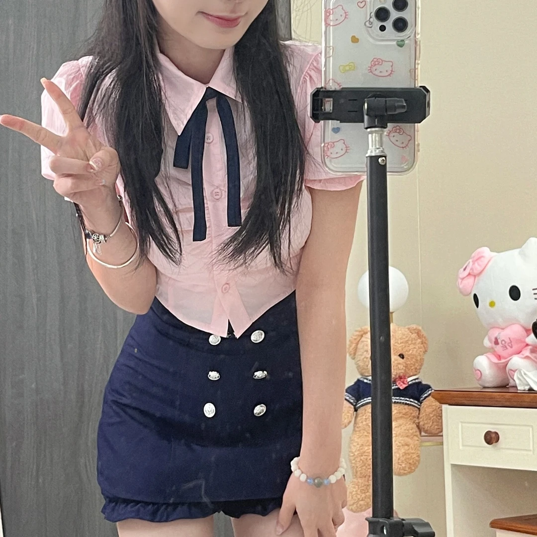 夏季学院风收腰显瘦泡泡袖衬衫制服套装女高腰裙裤