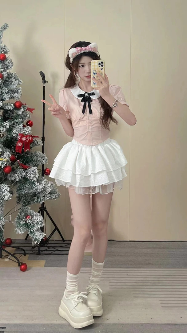 学院风JK制服粉色娃娃领收腰衬衫白色蛋糕蓬蓬裙少女套装