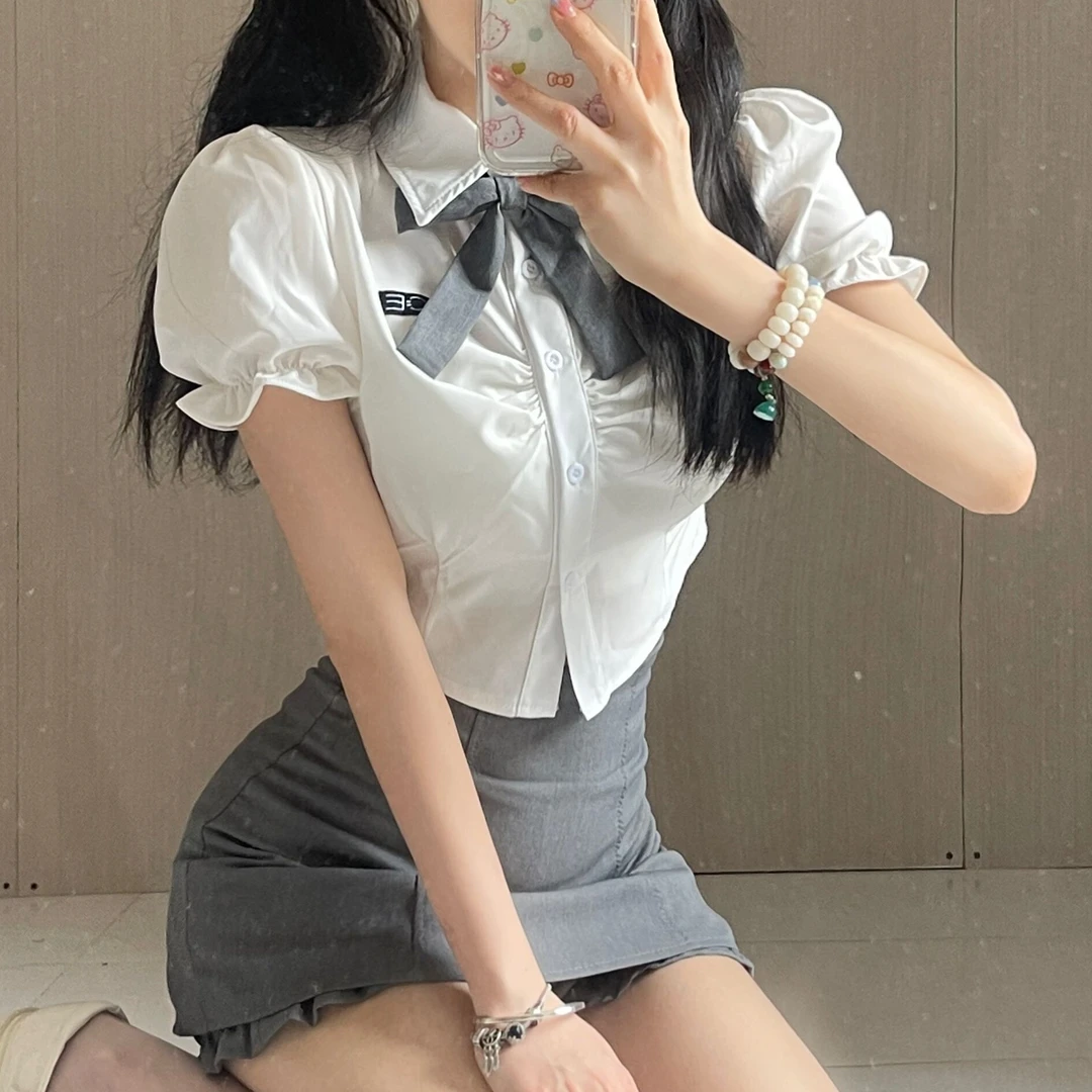 夏季可爱学院风JK制服泡泡袖短款衬衫女+防走光高腰显瘦短裙包臀