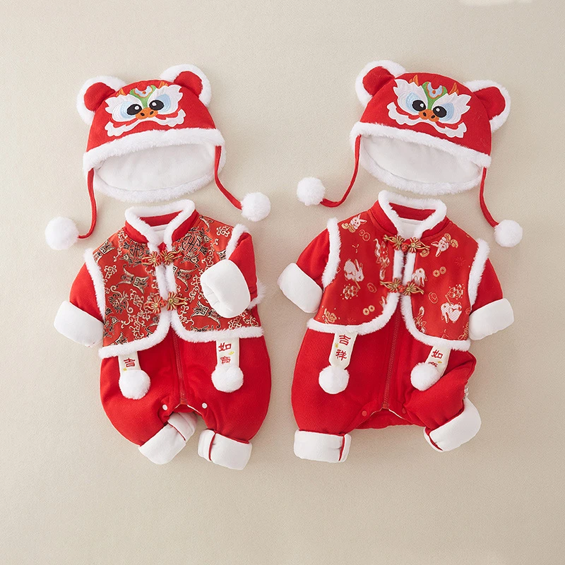 婴儿拜年服中国风盘扣假两件衣服过年服加绒红色新年爬服连体衣