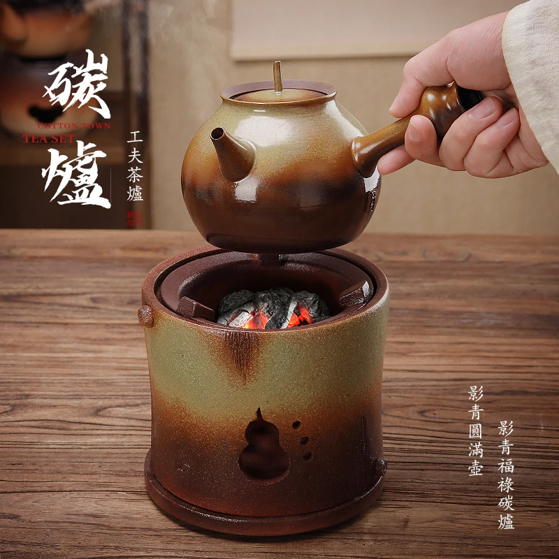 棉小城手工釉变复古炭炉个性煮茶炉侧把砂铫壶陶壶玉书煨工夫茶道