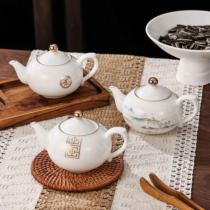 羊脂玉茶壶西施壶冲茶罐白瓷功夫茶具高档家用泡茶器手工描金单壶