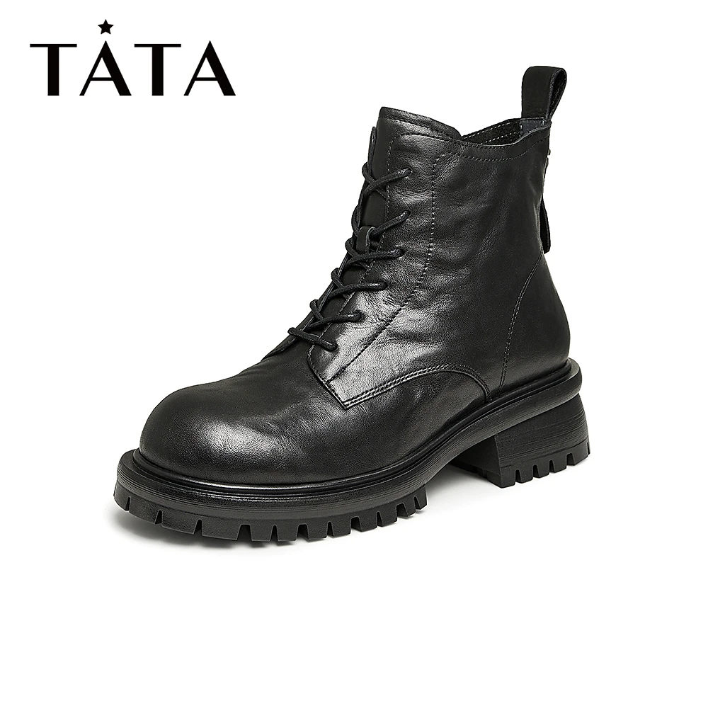 Tata/他她冬季英伦风潮流复古圆头厚底时装马丁靴W5D01DD3