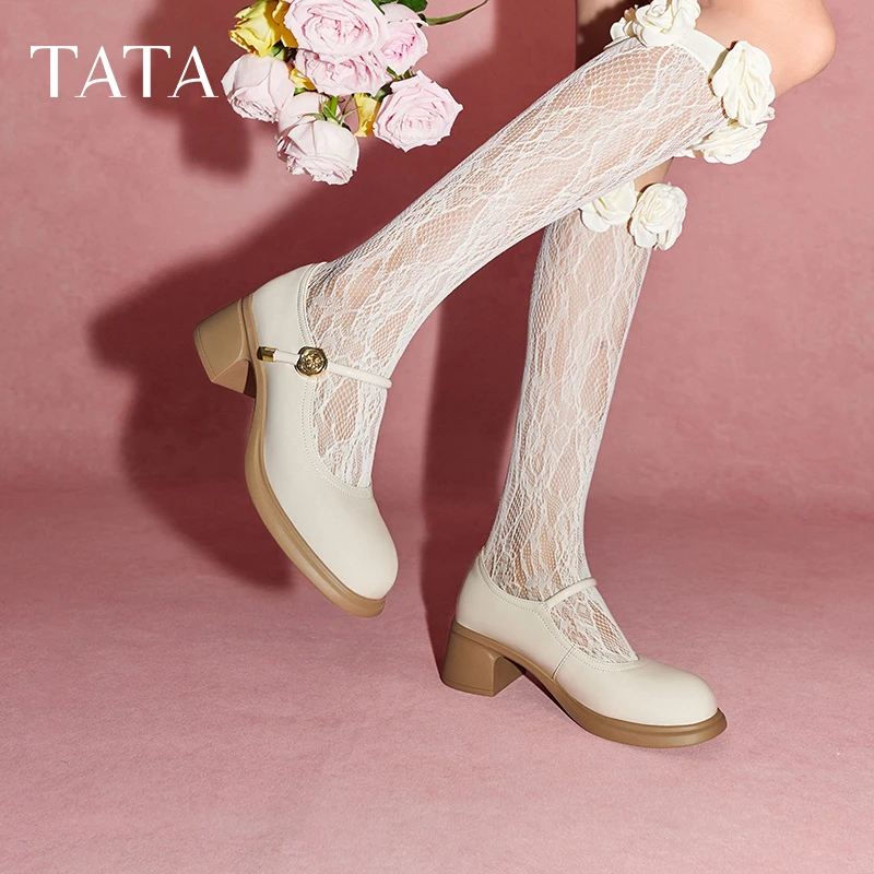 TATA他她落日玫瑰粗跟玛丽珍鞋女圆头小皮鞋单鞋女WGB07CQ4