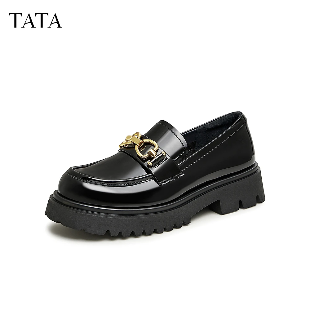 Tata/他她秋季简约风厚底拼接圆头乐福鞋JAA01CA3