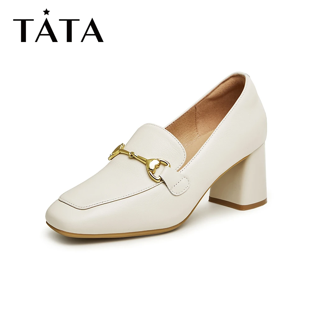 Tata/他她秋季经典简约舒适纯色方头粗跟乐福鞋女新XBT01CA3