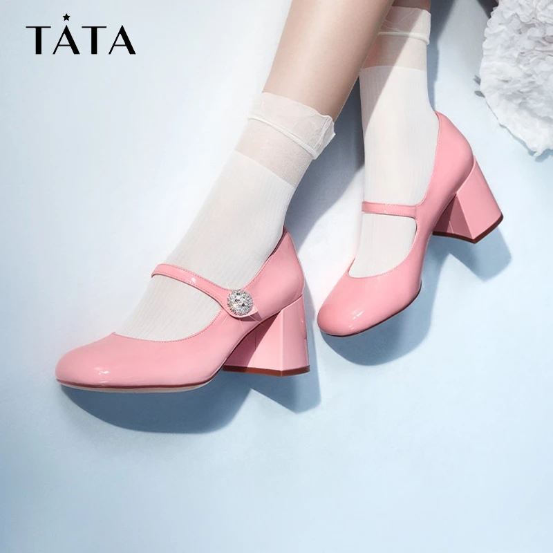 Tata/他她春时尚圆头甜美复古玛丽珍高跟女单鞋新款7YA03AQ3