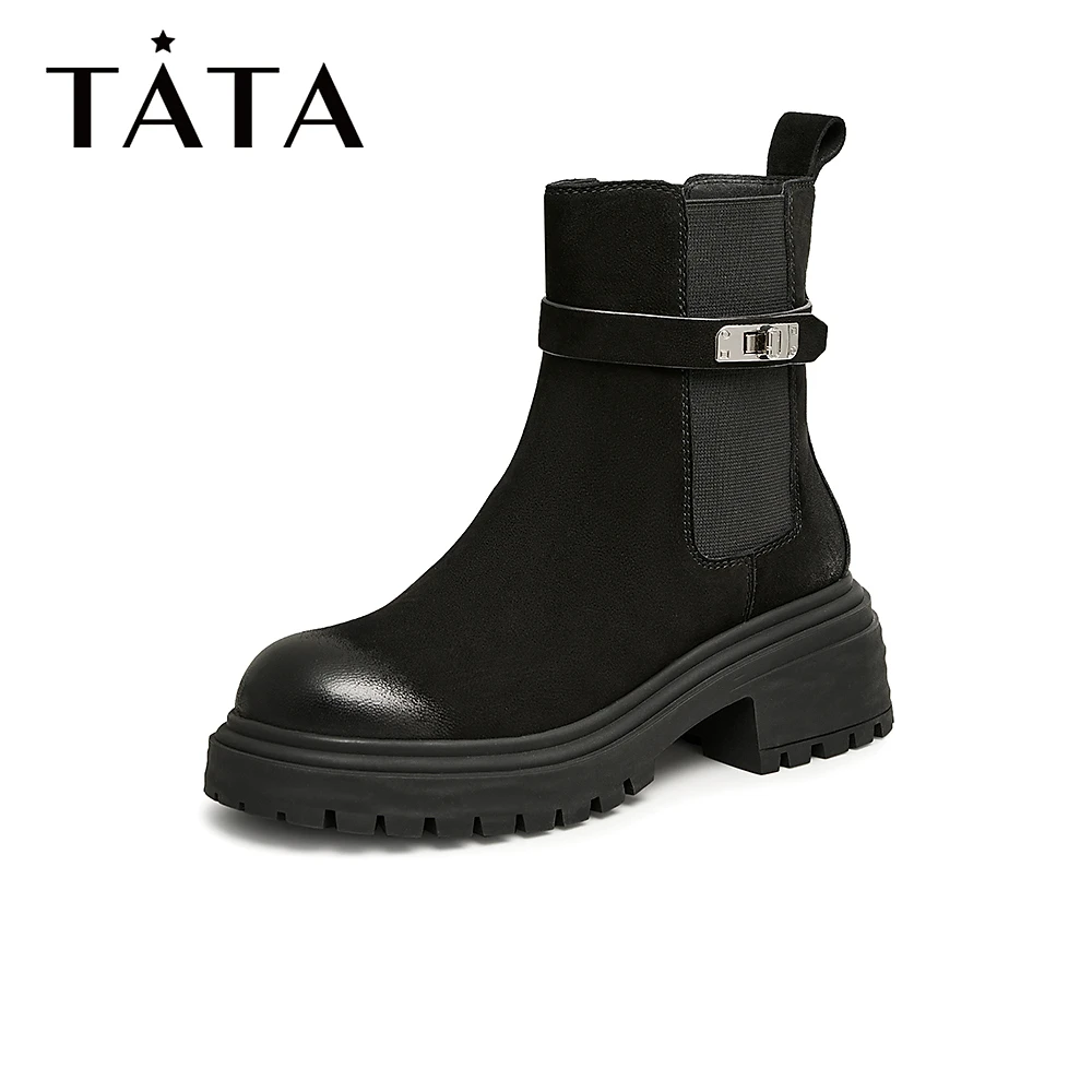Tata/他她冬季经典厚底休闲圆头英伦风切尔西靴新W3M01DZ3