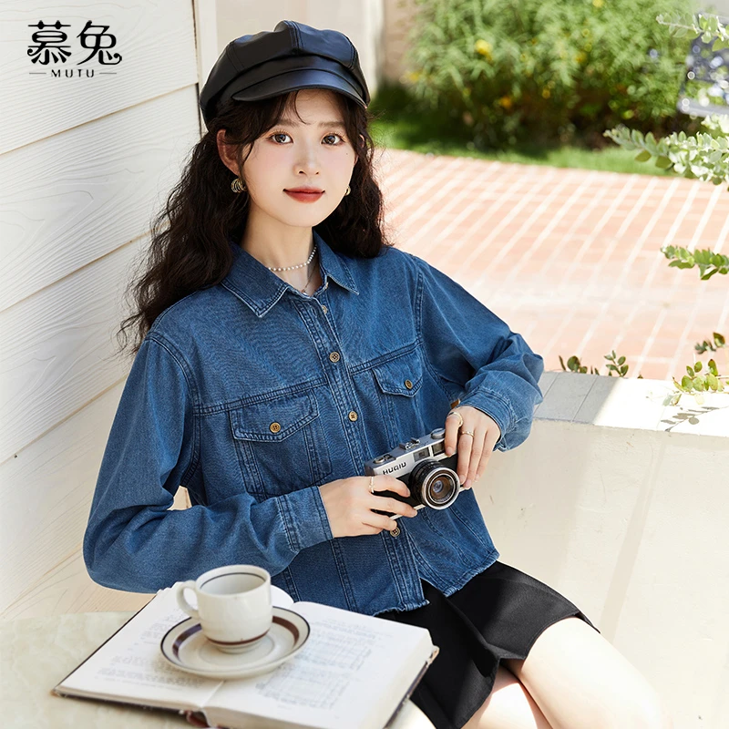 【粉丝专属】13179复古薄款设计感小众牛仔衬衫女长袖短款上衣