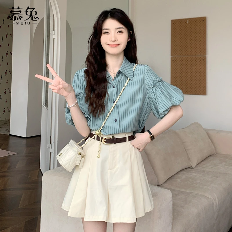 慕兔韩系小个子百褶裙裤女2024夏季新款高腰显瘦宽松阔腿休闲短裙