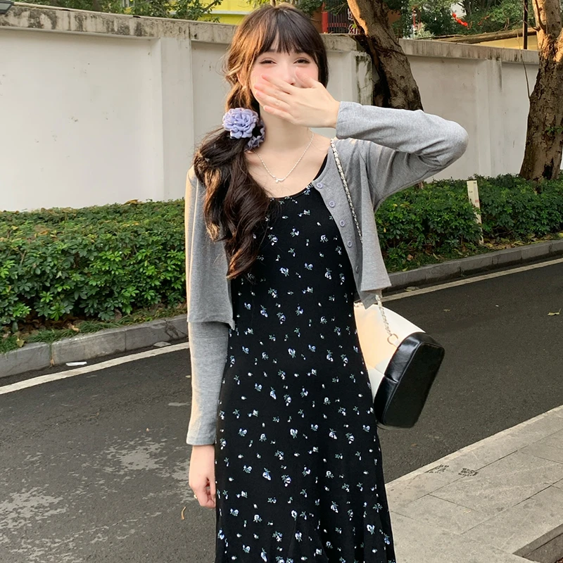 【拍下开衫+裙子】复古画报纯欲碎花吊带连衣裙女针织开衫两件套