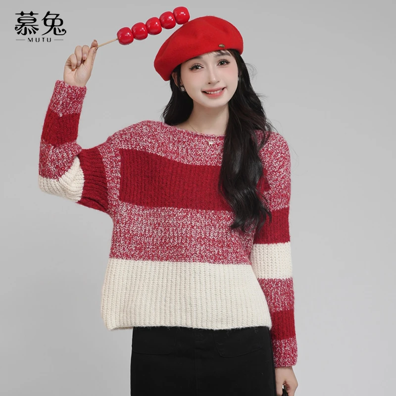 慕兔复古软糯条纹针织毛衣女2024新款秋季慵懒风宽松圆领套头上衣