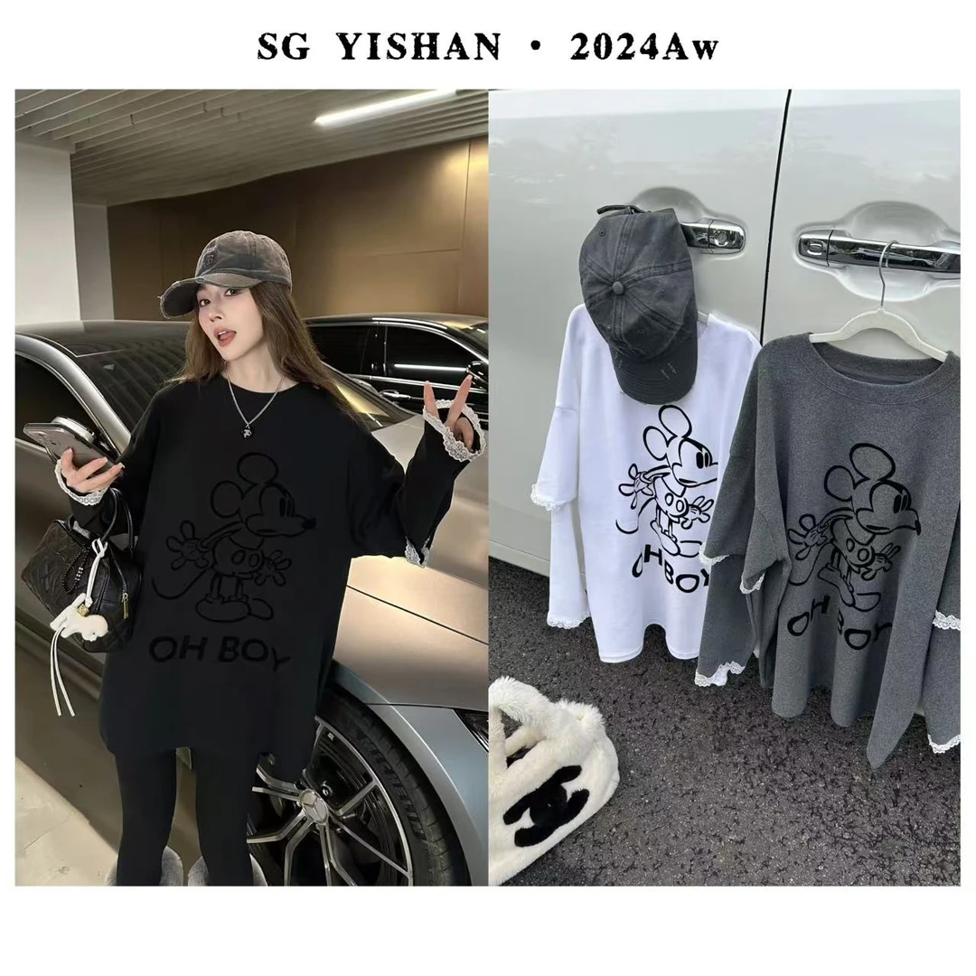 SG / 杨依姗 AW卡通米奇假两件蕾丝边拼接圆领磨毛T恤T-20242702