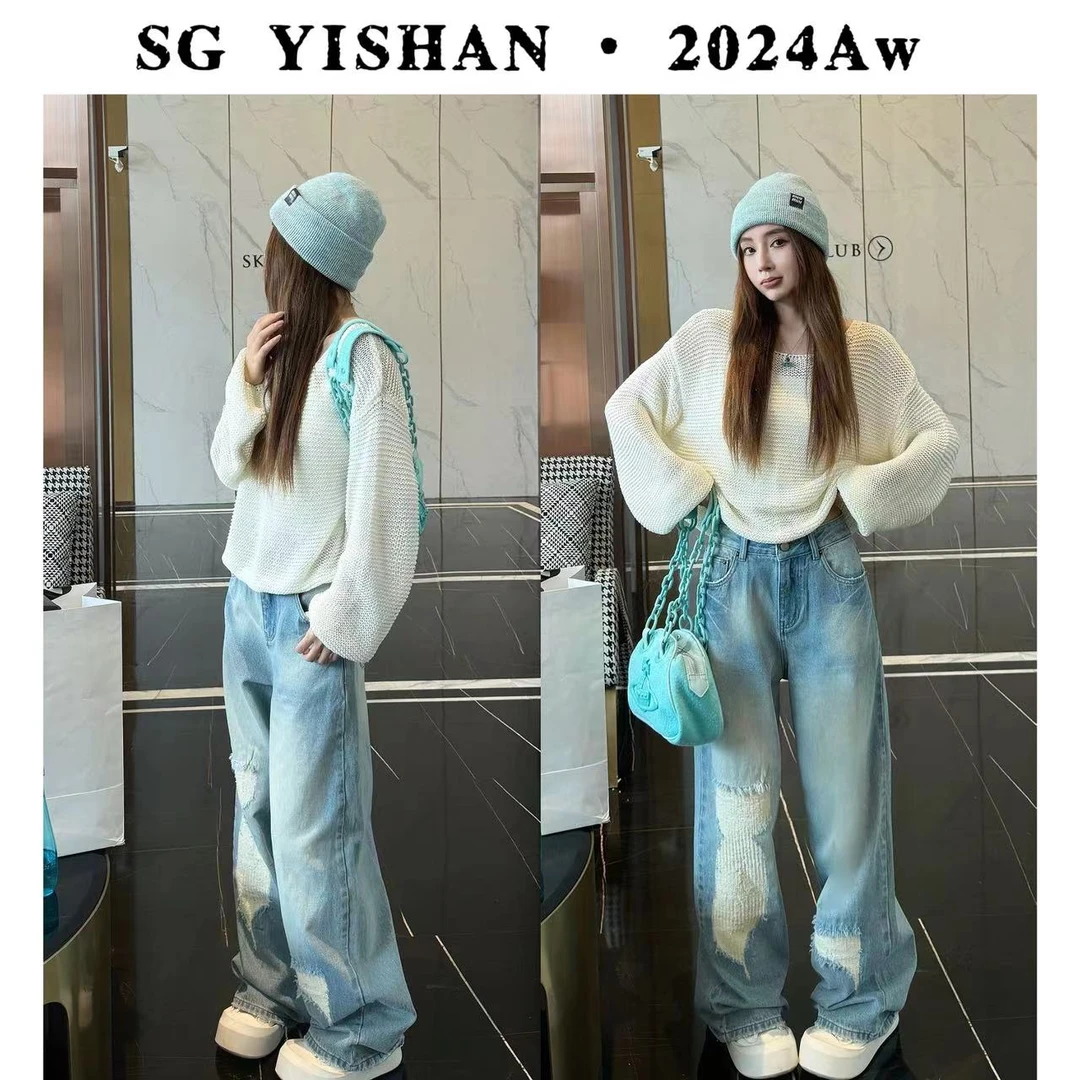 SG / 杨依姗 AW 万针刺绣  磨白水洗直筒牛仔裤K-20241798