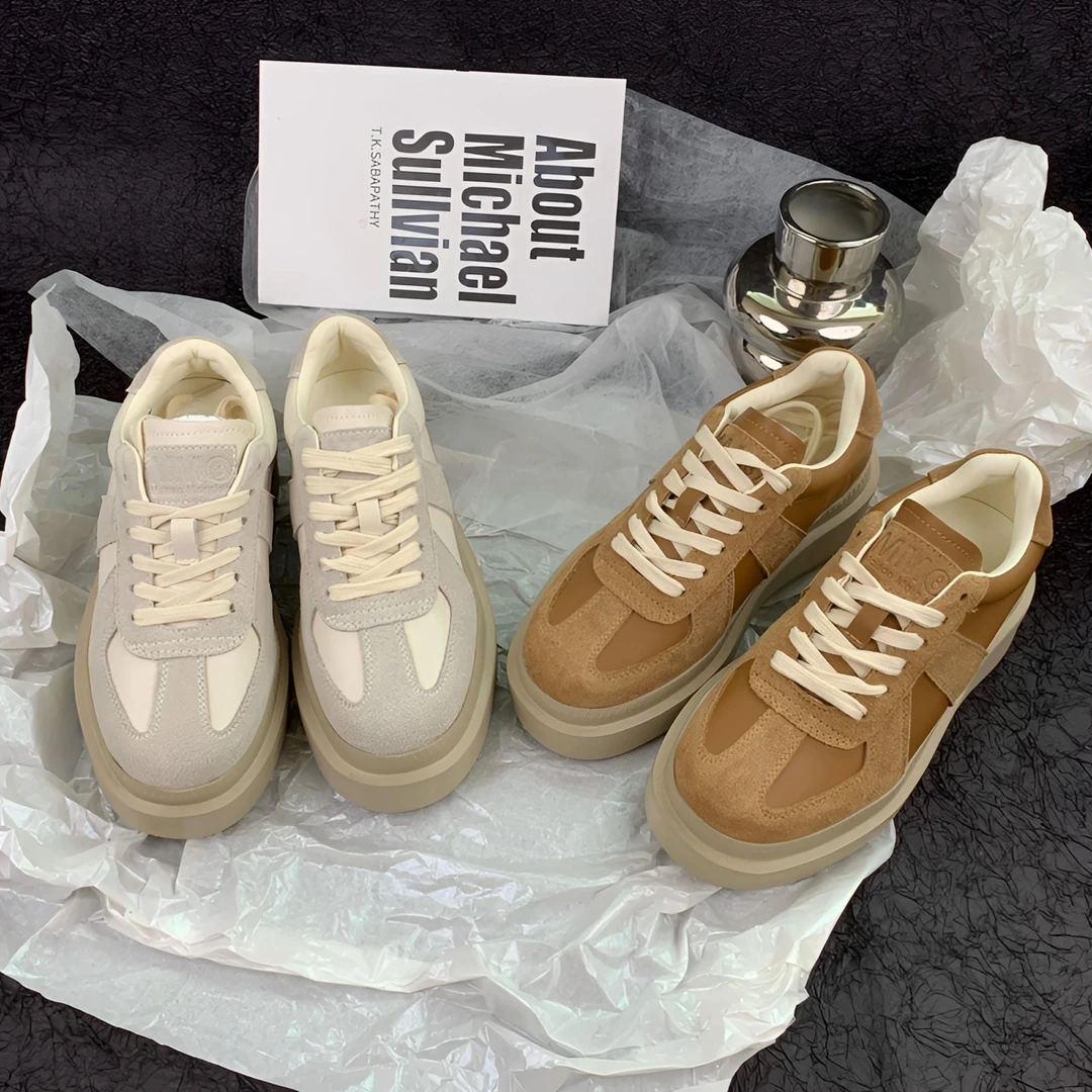 【增高奶芙】大幂幂同款复古时尚百搭松糕底女鞋真皮圆头厚底德训鞋