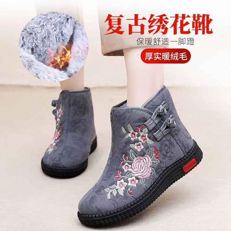 老北京棉鞋冬季女高帮加绒保暖民族风舒适防滑一脚蹬绣花鞋妈妈鞋