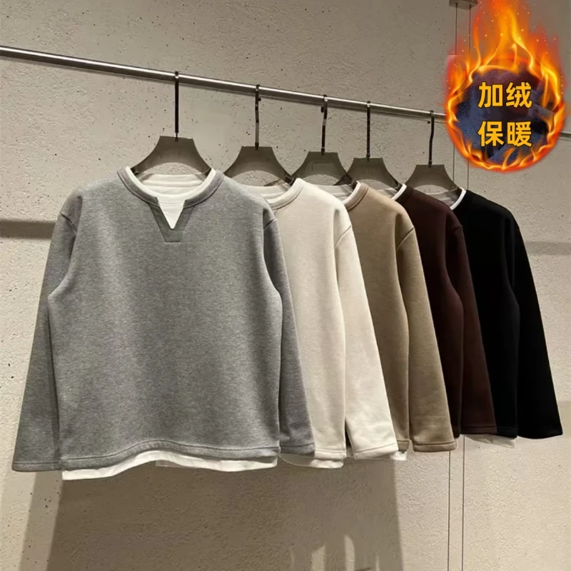 冬季加绒加厚可单穿可打底V领拼接假两件肌理质感宽松休闲卫衣男
