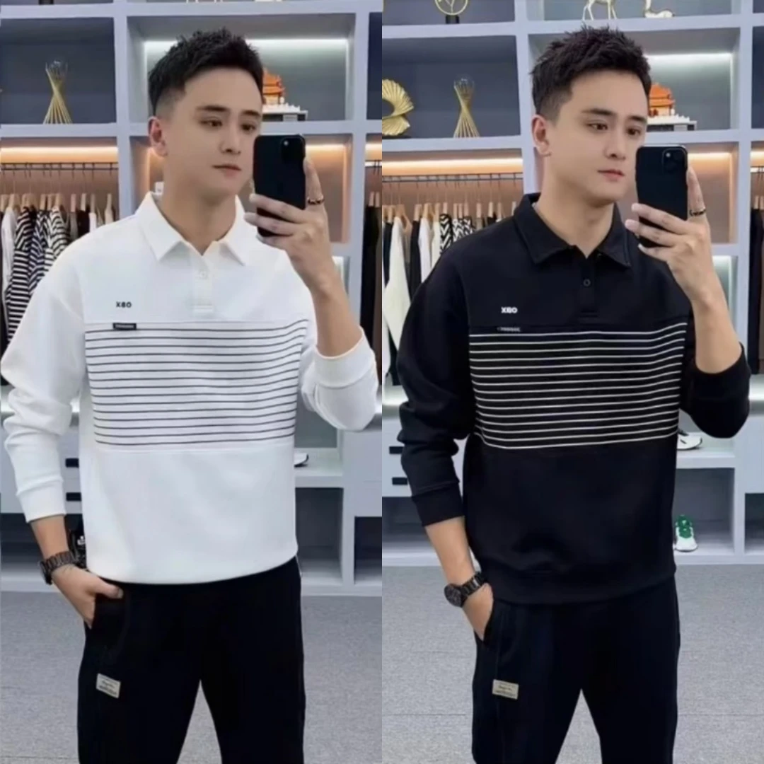 秋季新款男士条纹翻领卫衣商务休闲宽松百搭时尚长袖polo衫打底衫