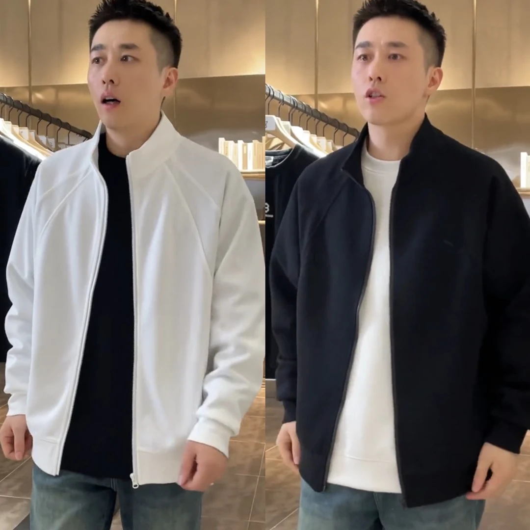 秋冬新款男士纯色插肩拼接立领外套时尚运动休闲百搭宽松拉链卫衣