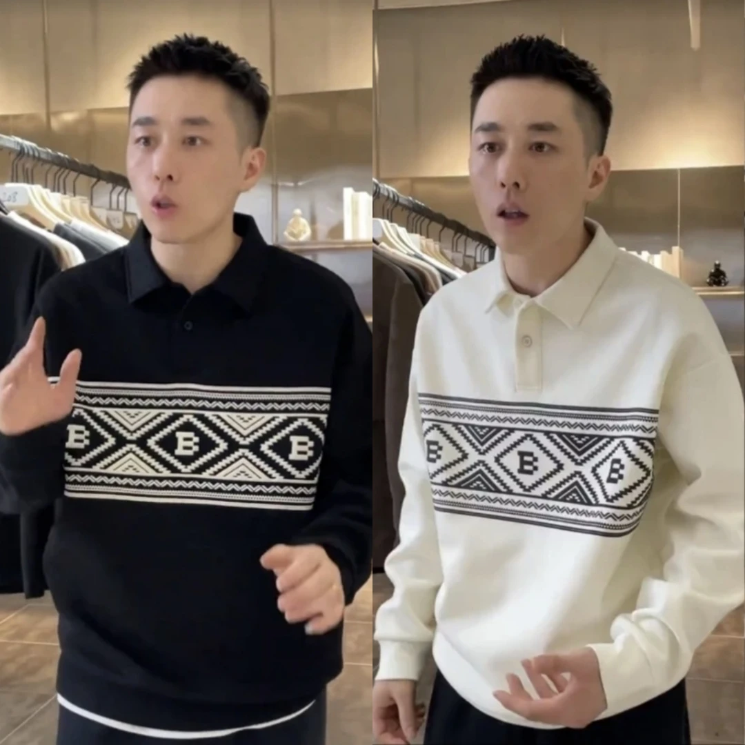 秋冬新款腰果花经典翻领卫衣男士潮流时尚百搭宽松保暖长袖打底衫