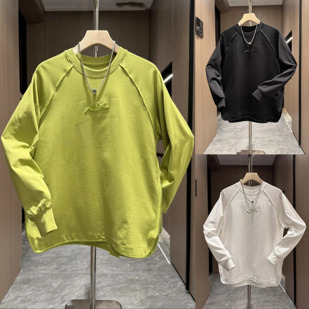 秋季设计师风包边拼接侧拉链刺绣纯色T恤男潮流时尚百搭圆领卫衣