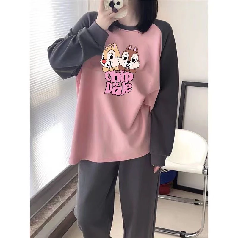 300斤德绒拼色睡衣套装女春秋新款宽松大码胖MM甜美可外穿家居服