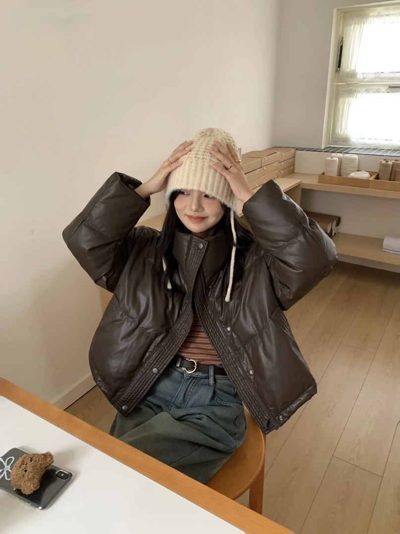 美拉德加厚短款羽绒服女冬季PU皮免洗机车皮衣立领小个子肯豆外套