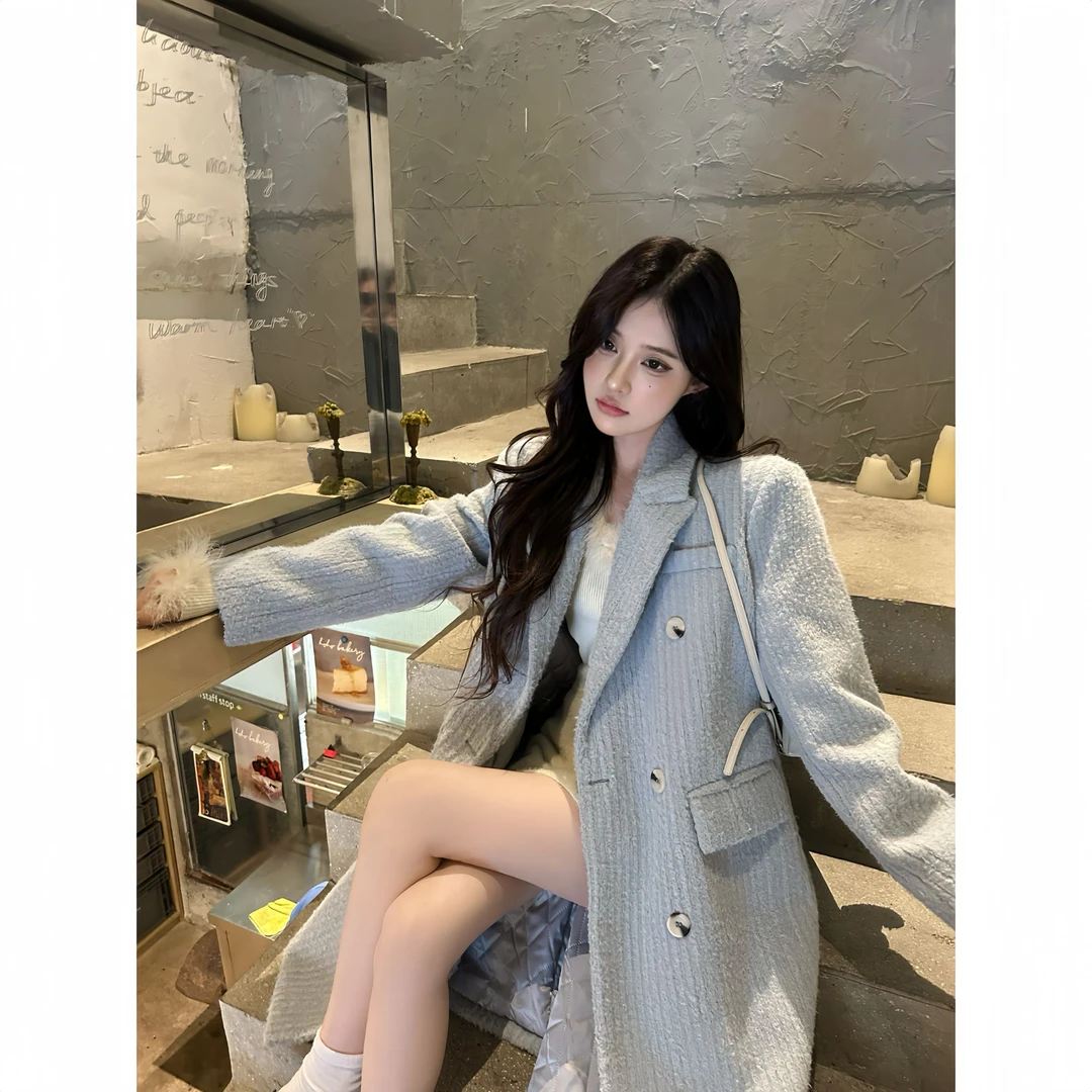 【北海道】UM家网红名媛夹棉厚冬季宽松长款西装毛呢子大衣外套女