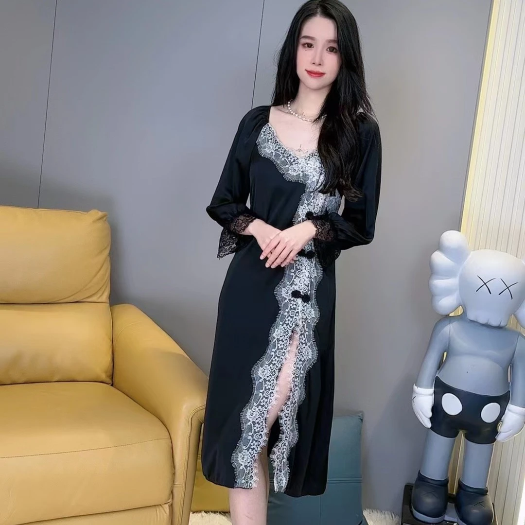 小七推荐 冰雪丝睡裙银边长袖显高显瘦法式,蕾丝,气质,修身轻奢