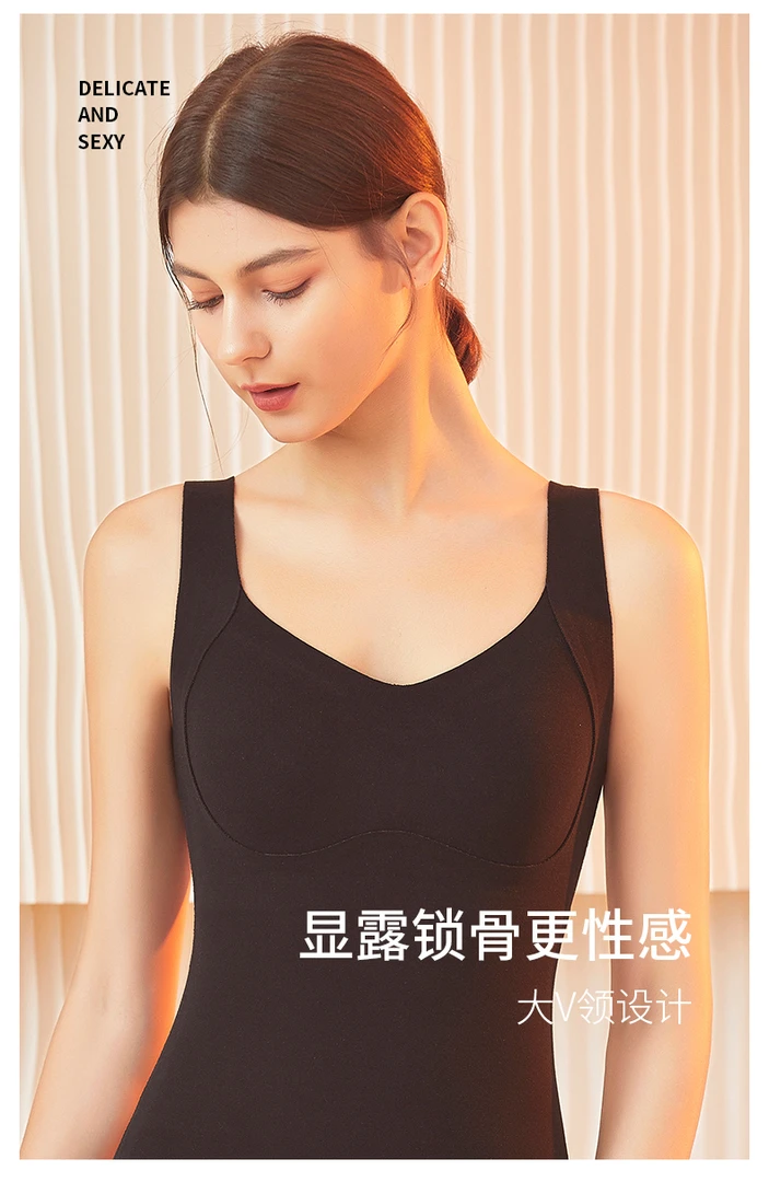无痕羊绒蚕丝内衣女保暖背心提拉带胸垫双面磨毛5A抑菌打底上衣