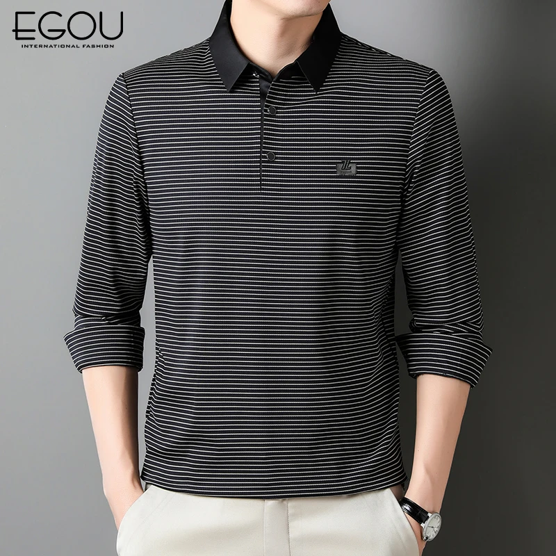 Egou早秋男士无痕条纹POLO衫休闲百搭长袖翻领上衣T2030