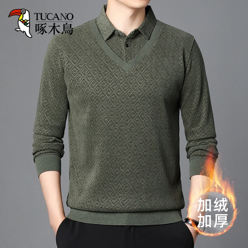 TUCANO/啄木鳥冬季加绒男士毛衣POLO领针织衫保暖休闲百搭高档