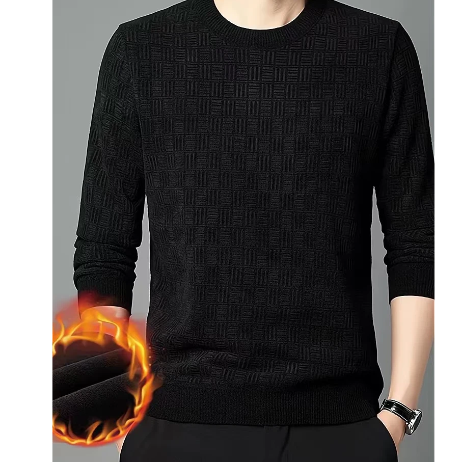 秋冬加绒加厚雪尼尔提花毛衣男士圆领纯色套头休闲保暖针织打底衫