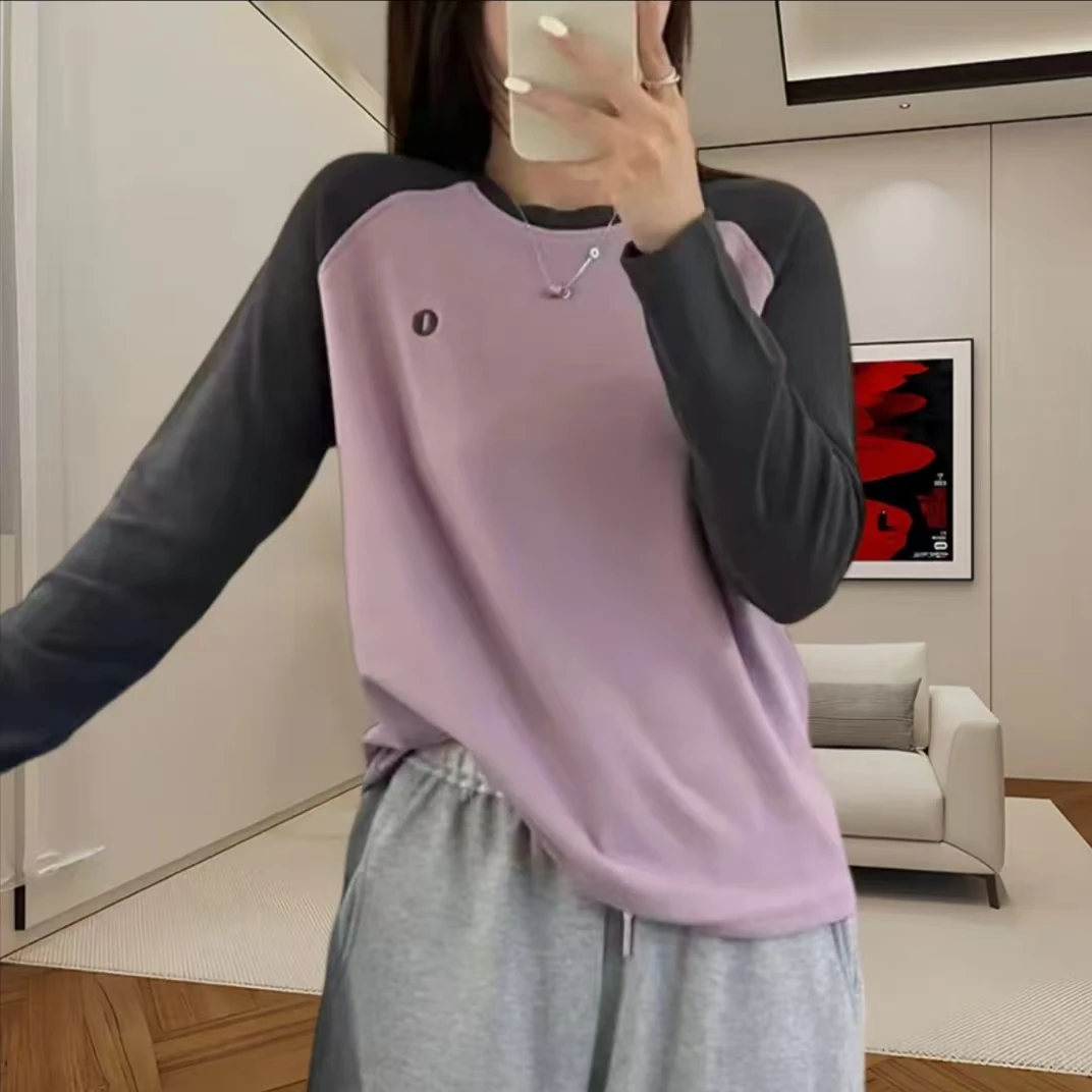 2024秋冬款加绒打底衫女圆领拼色插肩袖时尚休闲百搭保暖韩版长袖