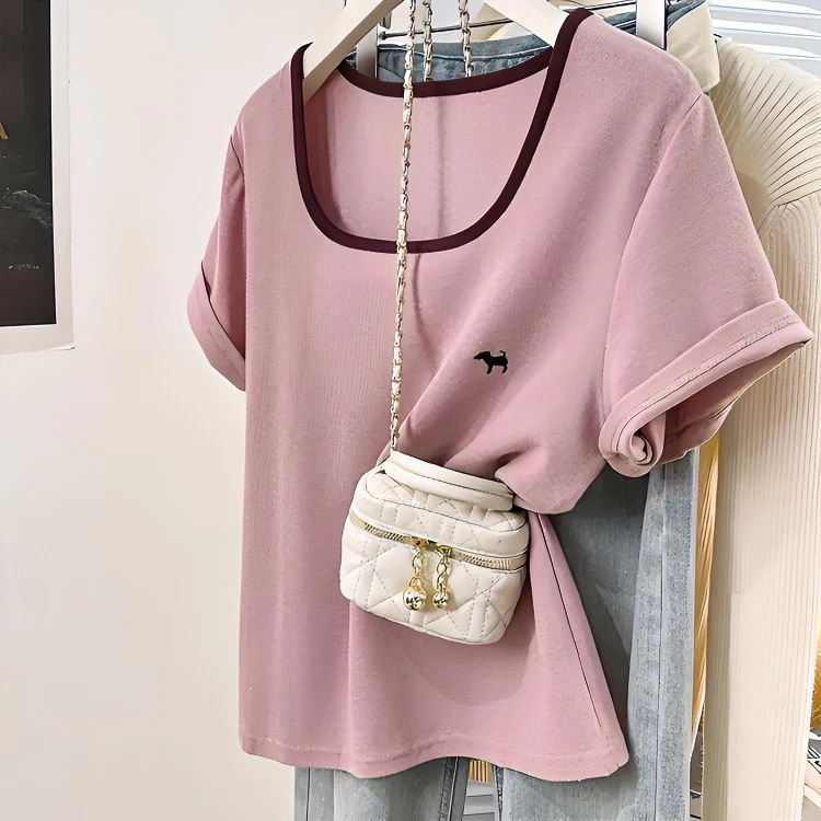 2025夏季新款方领上衣大码正肩短袖t恤女宽松遮肉显瘦百搭时尚