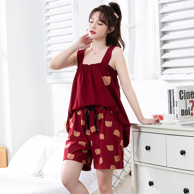 夏季大码睡衣女士宽肩员带短裤两件套棉睡衣卡通印花家居服休闲装